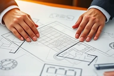 Hands examining blueprints for commercial property investment