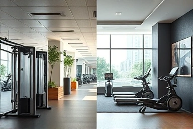 Interior views of apartment gym and reading lounge.