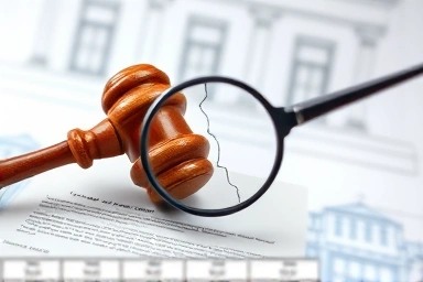 Gavel and magnifying glass inspecting auction document for flaws