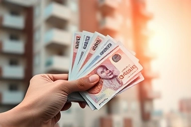 Hand holding Korean Won bills, apartment building, retrieved money, financial gain