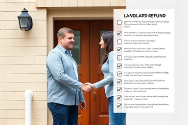 Landlord and tenant handshake, apartment, refund process, checklist, successful transaction