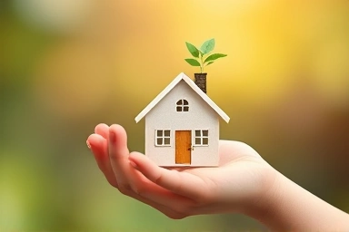 Child's hand holding house with growing plant