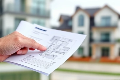 Hand with checklist inspecting property blueprint for future investment.