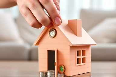 Hand placing coins into a house-shaped piggy bank.