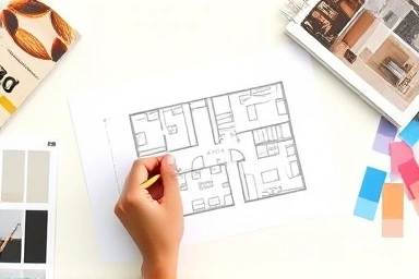 Hand sketching apartment layout with design elements.