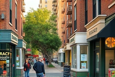 Neighborhood commercial street with apartments and essential shops.