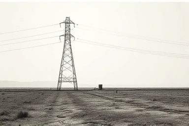 Power line pylon casting shadow on neglected land