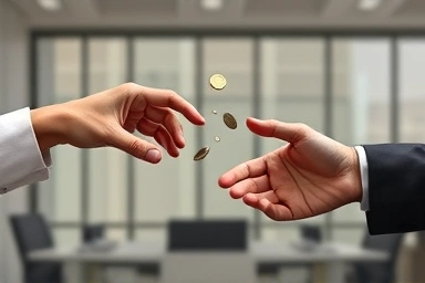 Symbolic barrier between hands, falling coins, broken agreement