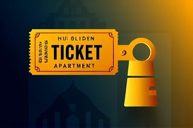 Golden ticket unlocking apartment building, symbol of opportunity