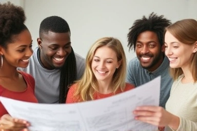 People looking at housing blueprint with hope