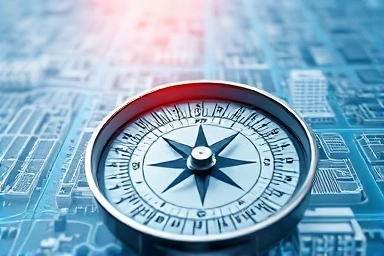 Compass on city blueprint symbolizing real estate investment foresight