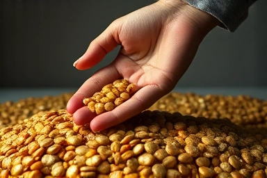 Hand sifting golden pebbles, selecting the best ones.