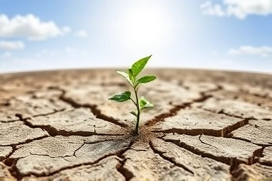 Sapling growing from cracked earth, symbolizing resilience