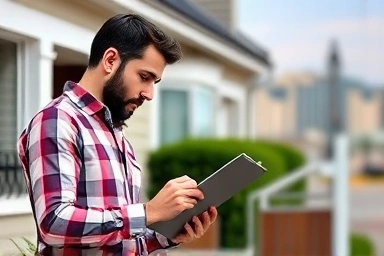 Real estate agent inspecting house exterior with clipboard