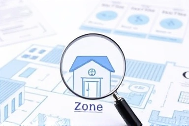 Blueprint showing school zone regulations with a magnifying glass.