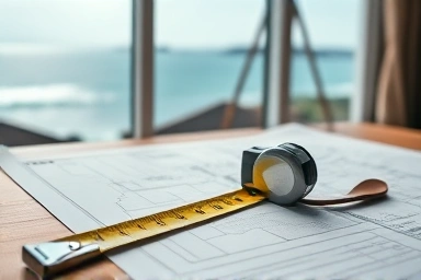 Land survey tools and map with ocean background.