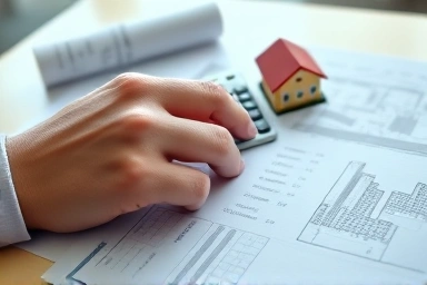 Close-up of financial calculation with building model.