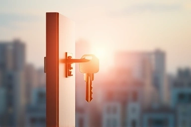 Key unlocking house door, symbolizing opportunity