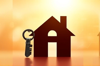 Key unlocking house silhouette, symbol of opportunity and success.