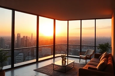 Luxurious penthouse apartment with city view at sunset.