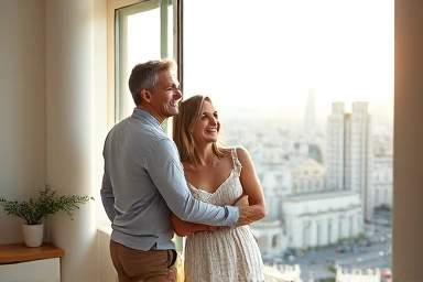 Young couple enjoying view from modern city apartment.