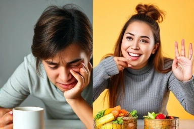 Contrast of fatigue vs energy from healthy eating habits.