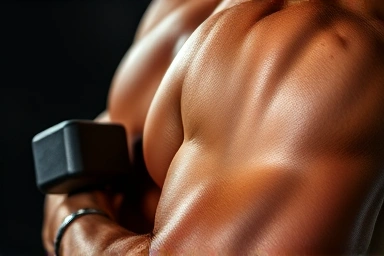 Close-up of toned arm muscles with dumbbell