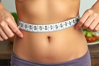 Measuring tape around a toned waist, symbolizing weight loss success.