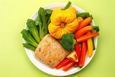 Healthy balanced meal with vegetables, protein, and complex carbs.