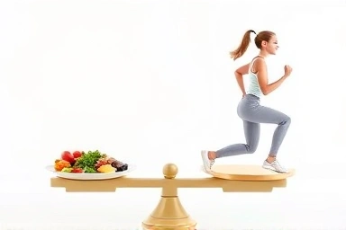 Balanced scale of health, food, and exercise.