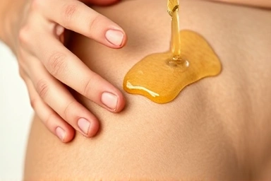 Hand massaging thigh with oil, showing improved skin texture.