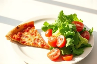 Balanced diet plate: cheat food, vegetables, protein.