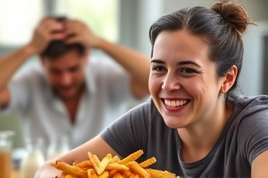 Satisfied person with planned cheat meal, avoiding distress.