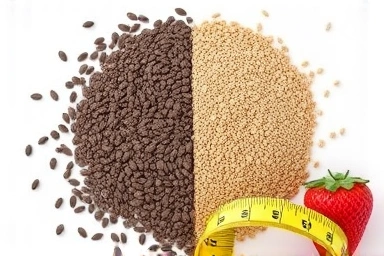 Chia seeds and flaxseeds with fruits and measuring tape.