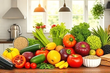 Fresh ingredients for healthy eating on a kitchen counter.