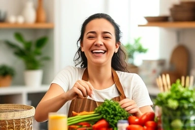 Person happily preparing a healthy meal with fresh produce.