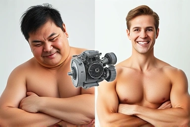 Transformation from overweight to fit through muscle building.