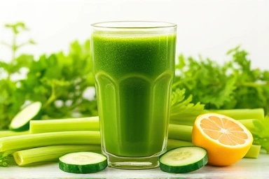 Fresh detox juice with celery, cucumber, and lemon.