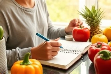 Person planning healthy diet with fruits, vegetables, and notebook