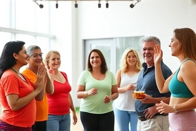 Diverse group celebrating fitness and community support