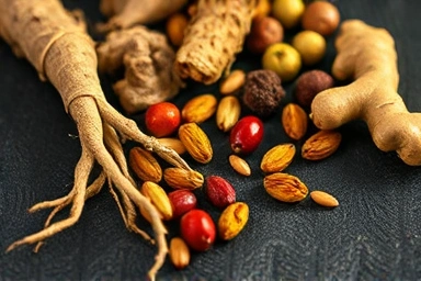 Artistic arrangement of Korean herbal medicine ingredients.