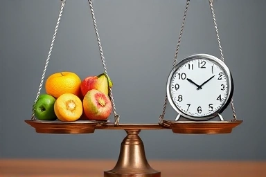 Symbolic balance scale representing healthy diet and stress management.