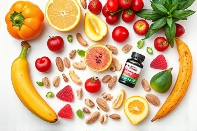 Balanced diet nutrition, fruits, vegetables, supplements, healthy eating