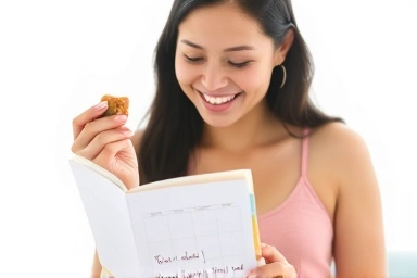 Smiling person enjoying healthy snack, symbolizing diet motivation