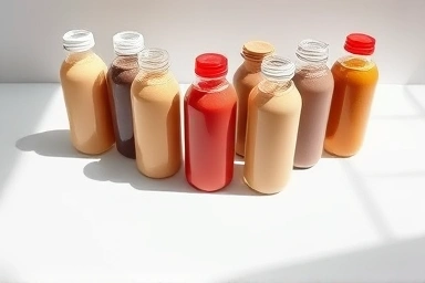 Healthy diet shakes arranged artfully on a minimalist surface.