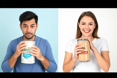 Frustrated person vs. happy person with diet shakes.