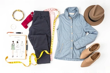 Stylish wardrobe flat lay with measuring tape and sketches.