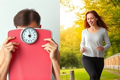Frustrated person with scale transforms to healthy person in nature