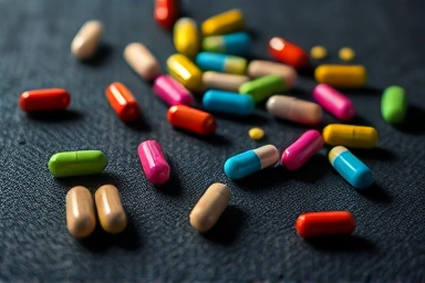 Colorful diet pills and capsules on a dark surface.