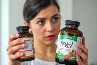 Person contemplating diet supplement use, showing concern.